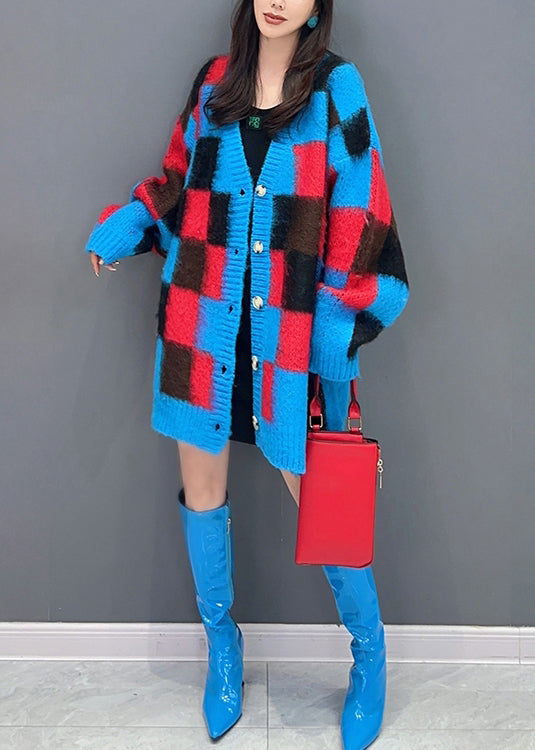 VCSHOES Blue Plaid V Neck Button Patchwork Knit Cardigan Fall