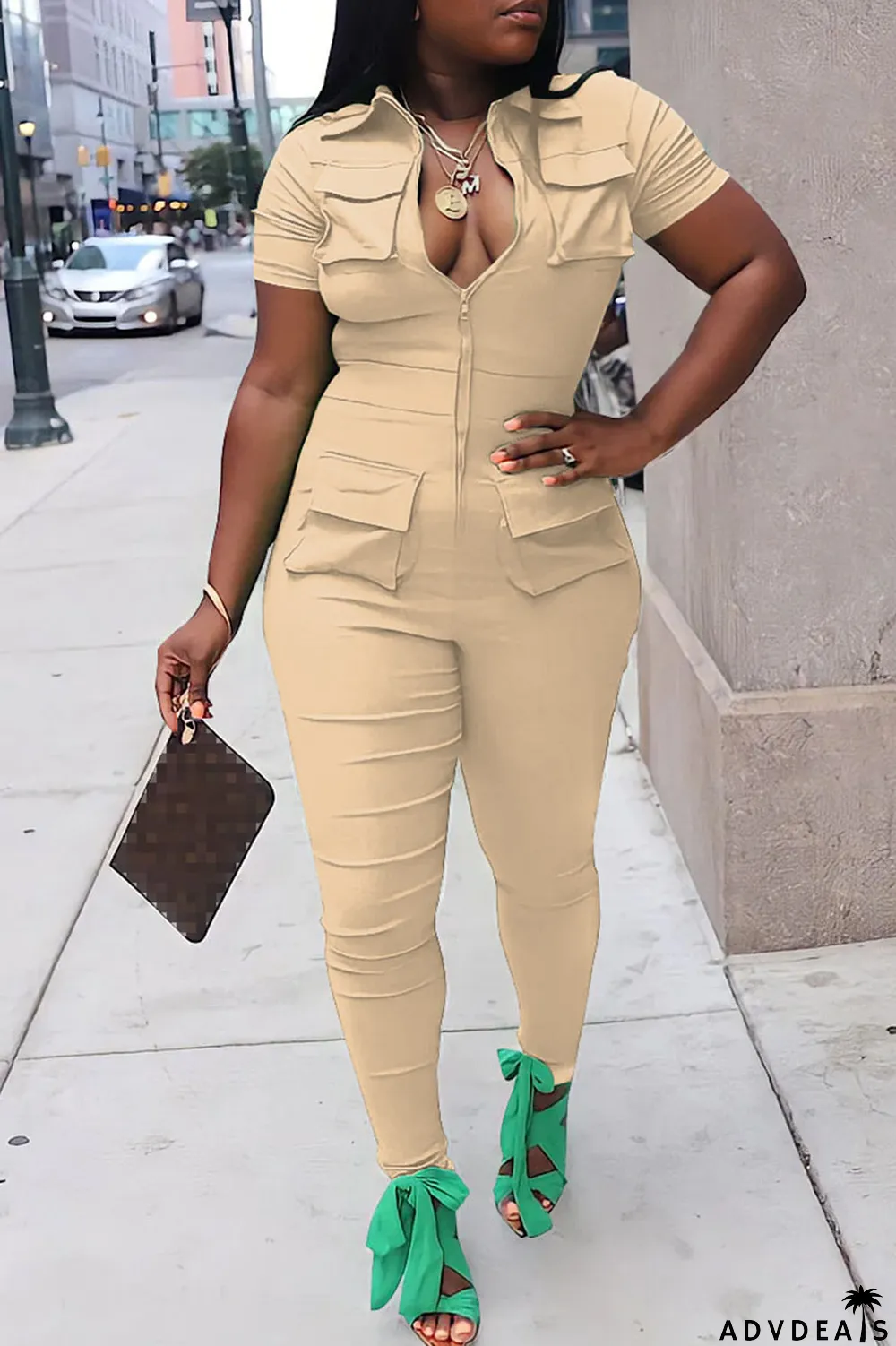 Army Green Street Solid Patchwork Pocket Zipper Collar Skinny Jumpsuits