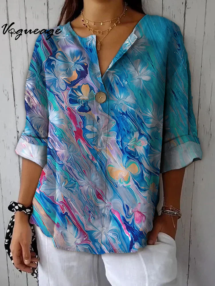 Bright Fantasy Watercolor Flowers Printed Cotton And Linen Shirt