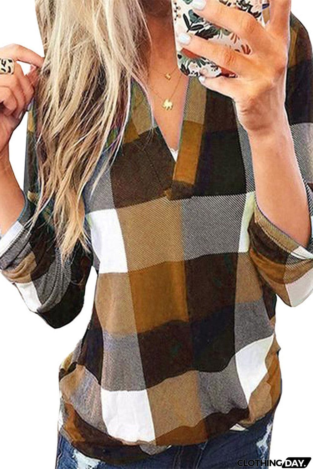 Contrast Plaid V Neck Long Sleeve Top