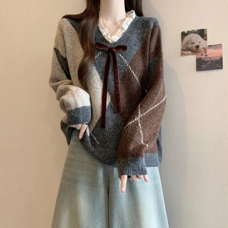 Athvotar Athvotar Red Riger Sweater Woman 2025 Spring New Large-Size Fat Lys V Collar Knitted Christmas Shirt Retro Top