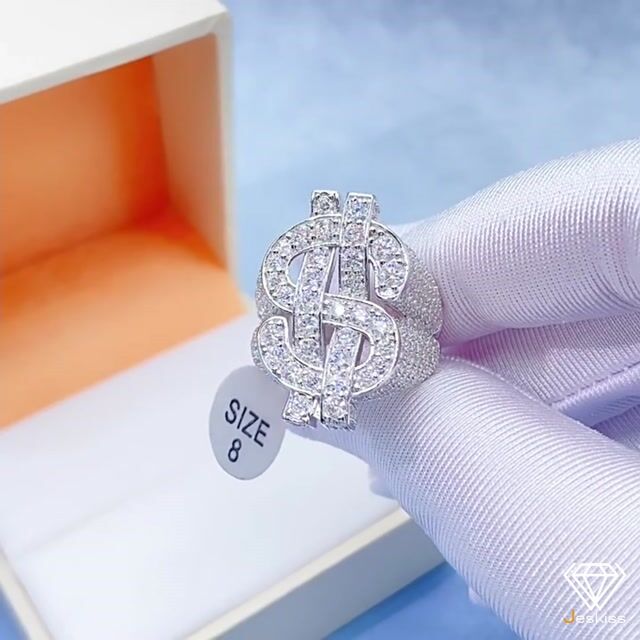 925S & Moissanite Iced Out Dollar Sign Silver Rings