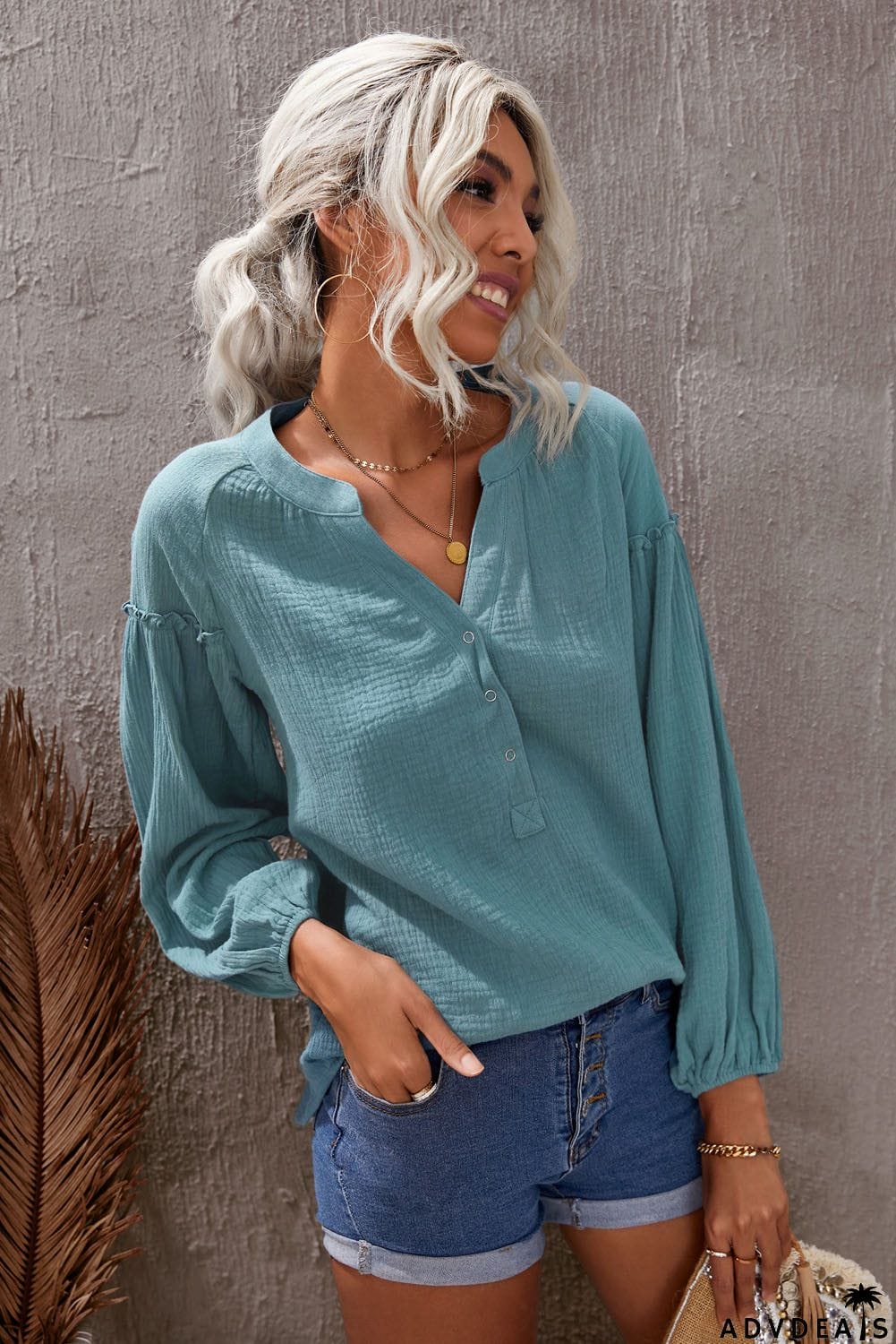 Casual Balloon Sleeve Crinkled Top