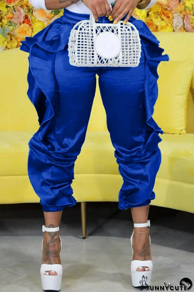 Blue Casual Solid Patchwork Regular High Waist Conventional Patchwork Trousers