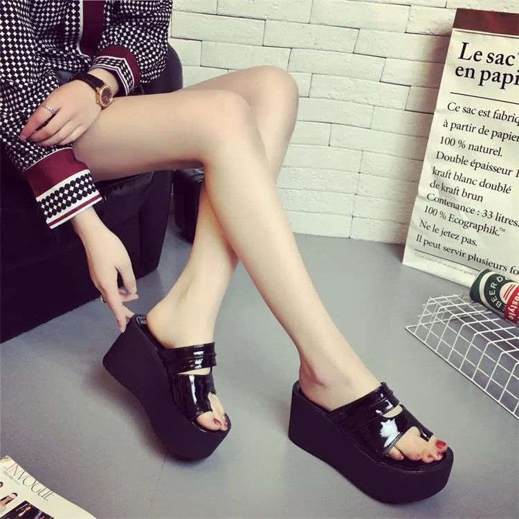 Breakj Heel Toe Slippers Female 2023 Summer Korean One-Line Bright Skin Slippers With Platform And Women's Slippers