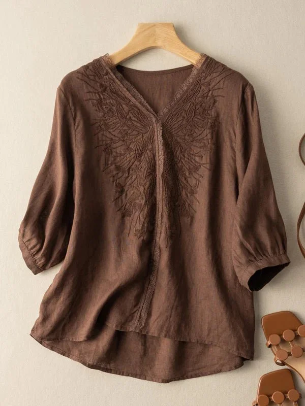 Embroidered V Neck 3/4 Sleeve Casual Linen Tee Top