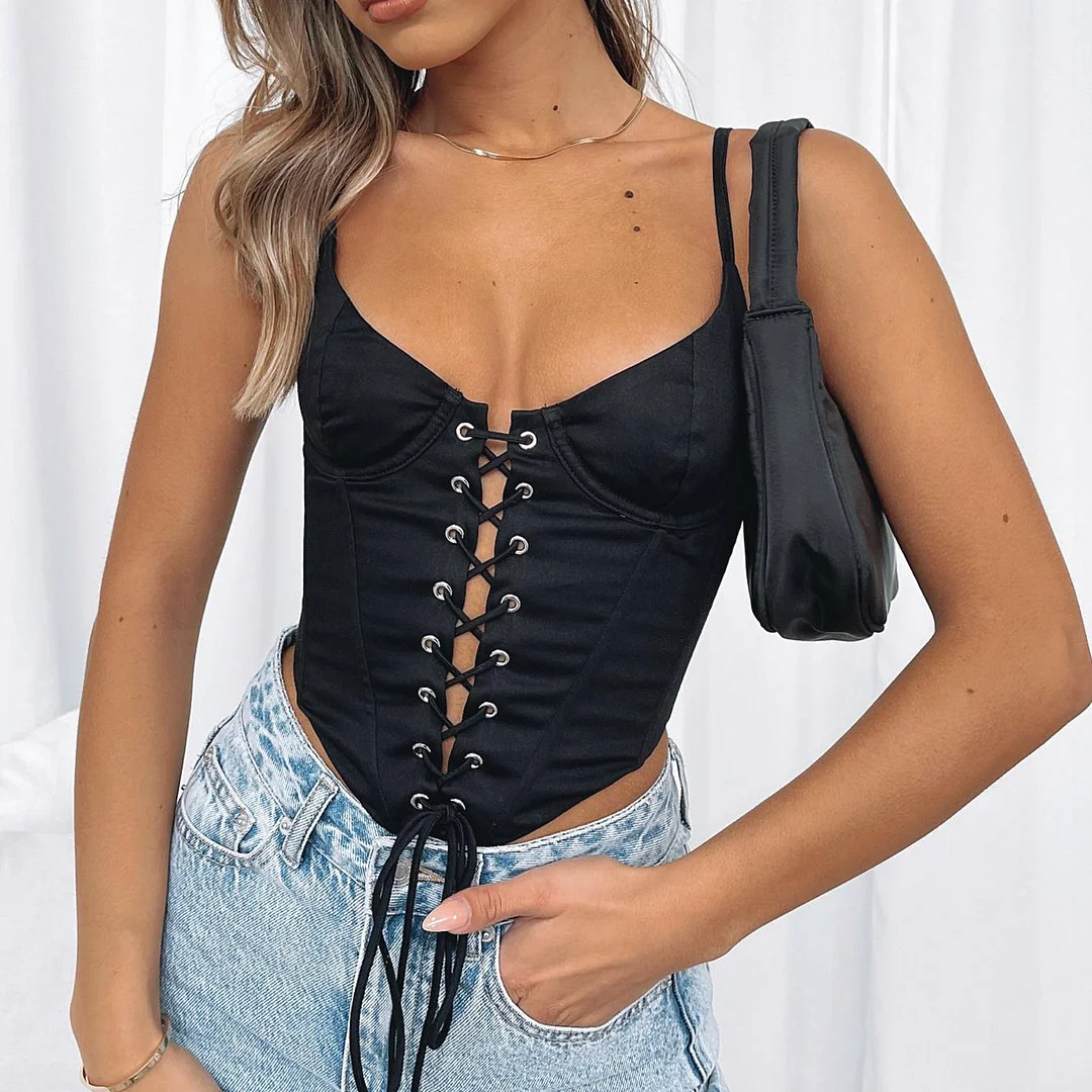 wsevypo Spaghetti Straps Cross Hollow Lace-up Bustiers Crop Tops Fashion Women Solid Color Wrap Tube Tops Camis Back Zip Up Vest