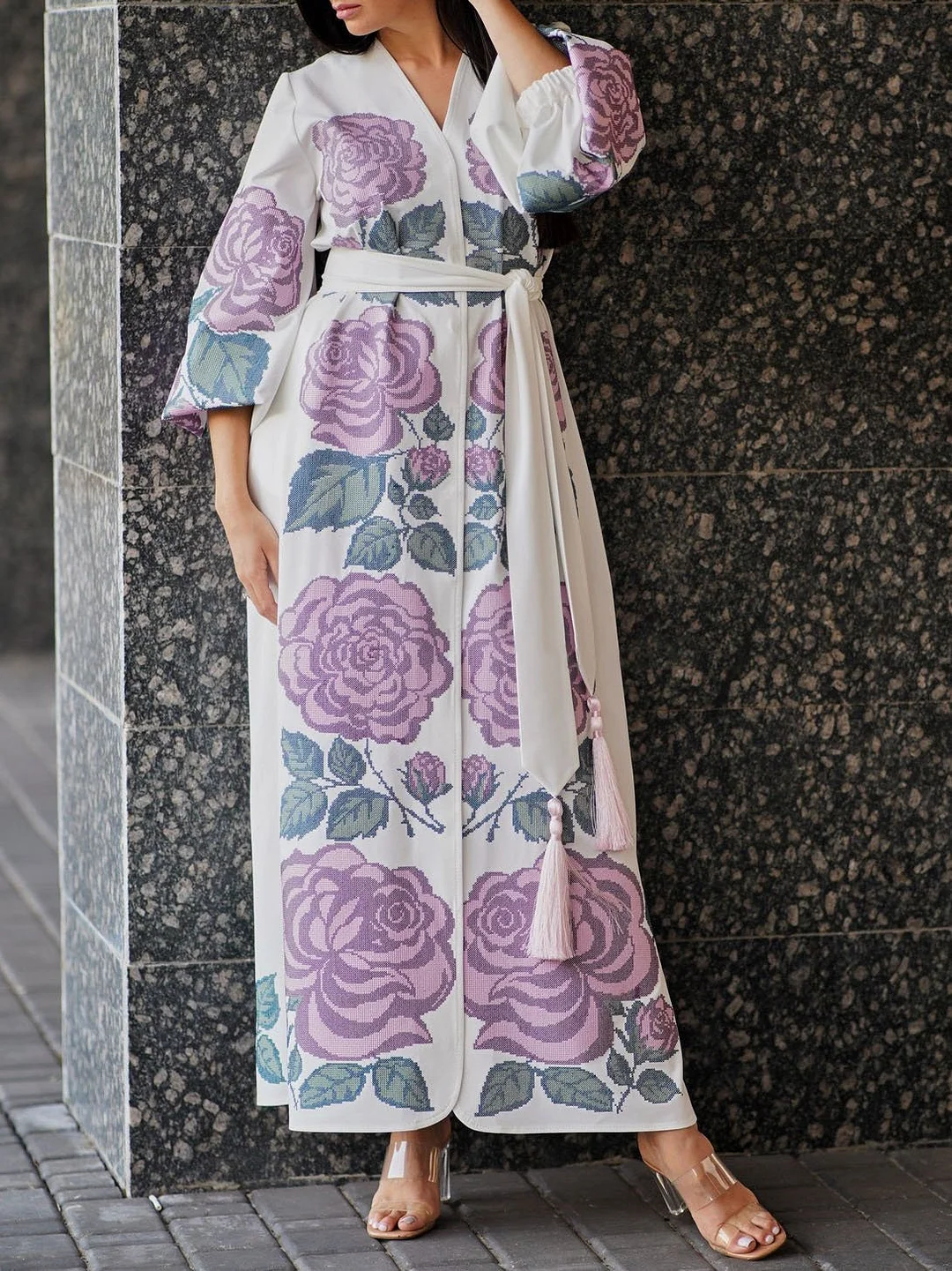 Fashion Floral Printed Belted Fringe Embellished Maxi Dress
