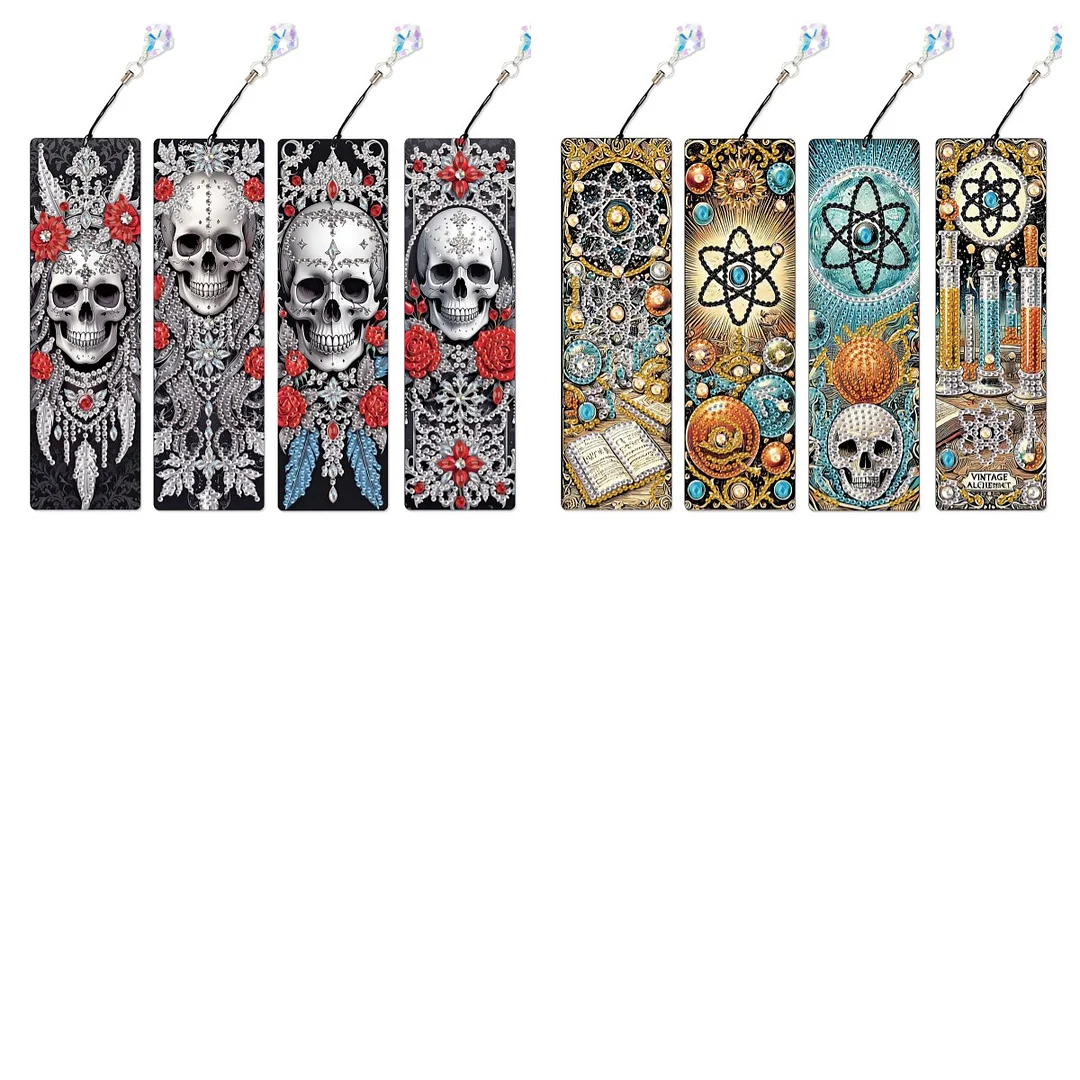 8Pcs DIY Skull Diamond Painting Art Bookmarks with Crystal Pendants for Gift