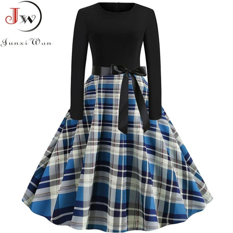 New Autumn Winter Women Plaid Print Dress Elegant Casual Vintgae Dress Robe Femme Black Patchwork A-line Party Vestidos