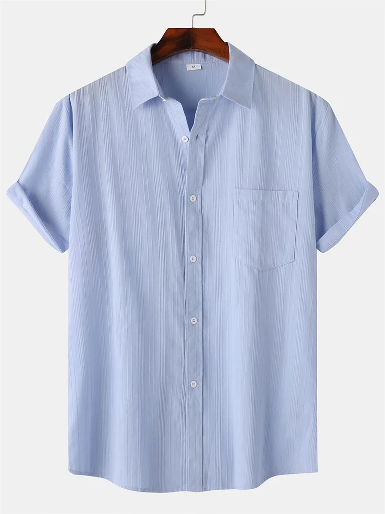 Men's Cotton And Linen Striped Texture Comfortable Pocket Daily Short-sleeved Shirt