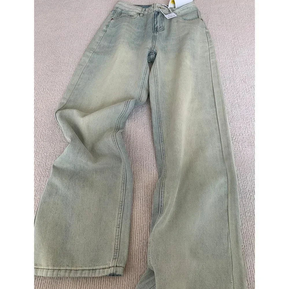 Aonga American Harajuku Y2K Splicing Light Blue Denim Drag Pants Men's Fall Loose New Street Trend Hip-hop Rap Low-rise Women's Jeans aonga