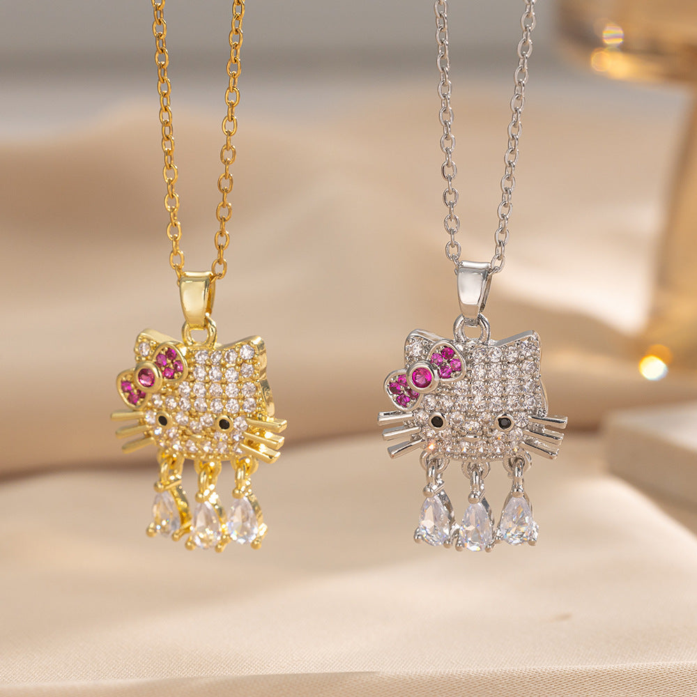 Design Kt Cat Pendant Necklace Micro Inlaid Zircon Copper Plated 18 Gold All-Match Clavicle Chain
