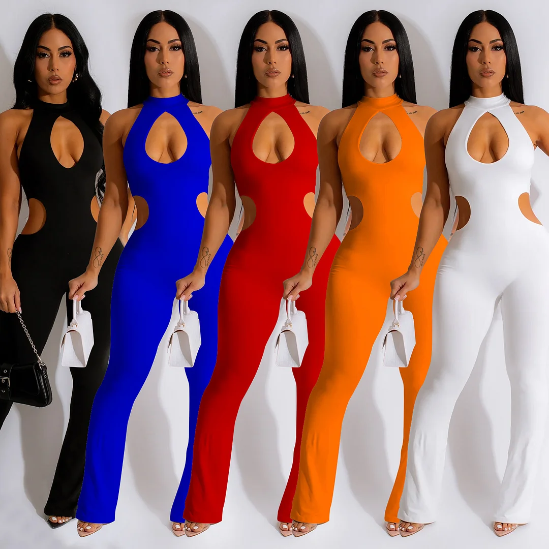 Pure Color Sexy Halter Neck Hollow Jumpsuit | IFYHOME