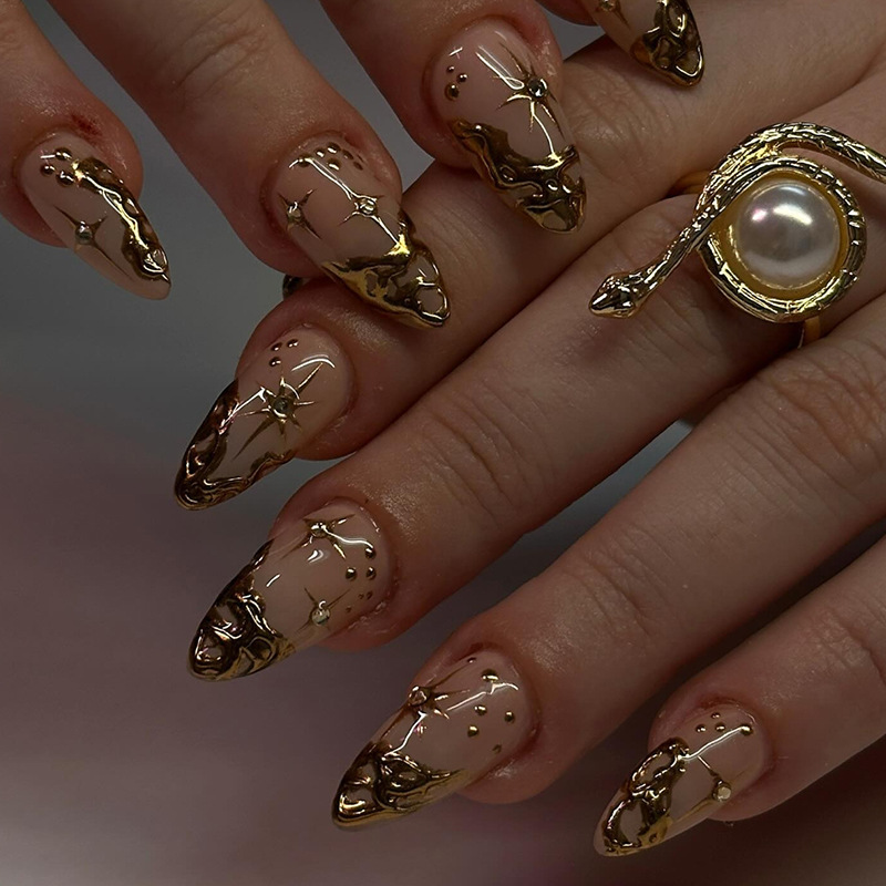 Damokan 24Pcs Simple French Nails Art Tips Fake Nails 3D Design Wearable Full Cover False Nail Mid-length Almond Reusable Press on Nails