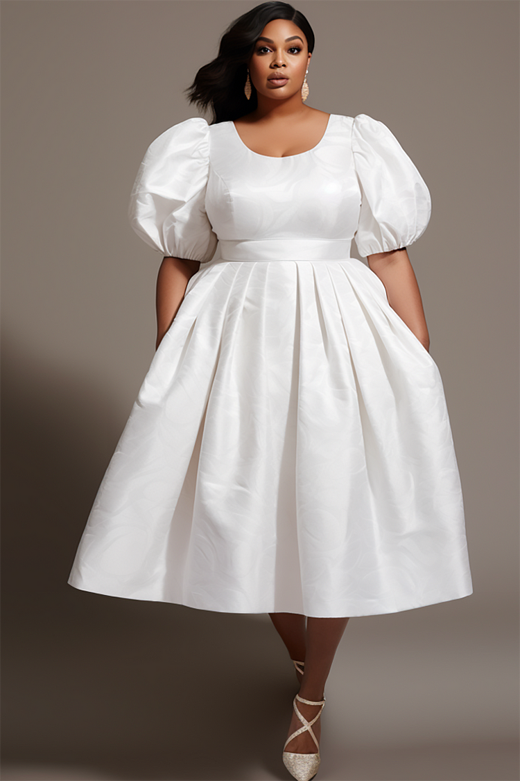 Xpluswear Design Plus Size Semi Formal White Water Ripples Round Neck Puff Sleeve Short Sleeve Satin Midi Dresses 