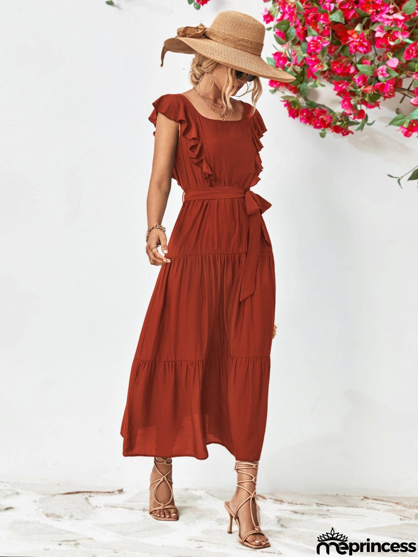 Tie Belt Ruffled Tiered Dress