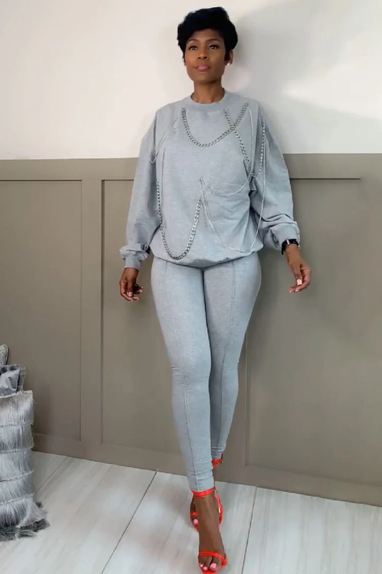 Chain Decor Long Sleeve Sweatshirts Legging Pants Matching Set-Grey