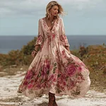 Vintage Boho Roses Print V Neck Long Sleeve Flowy Maxi Dress - Image 2