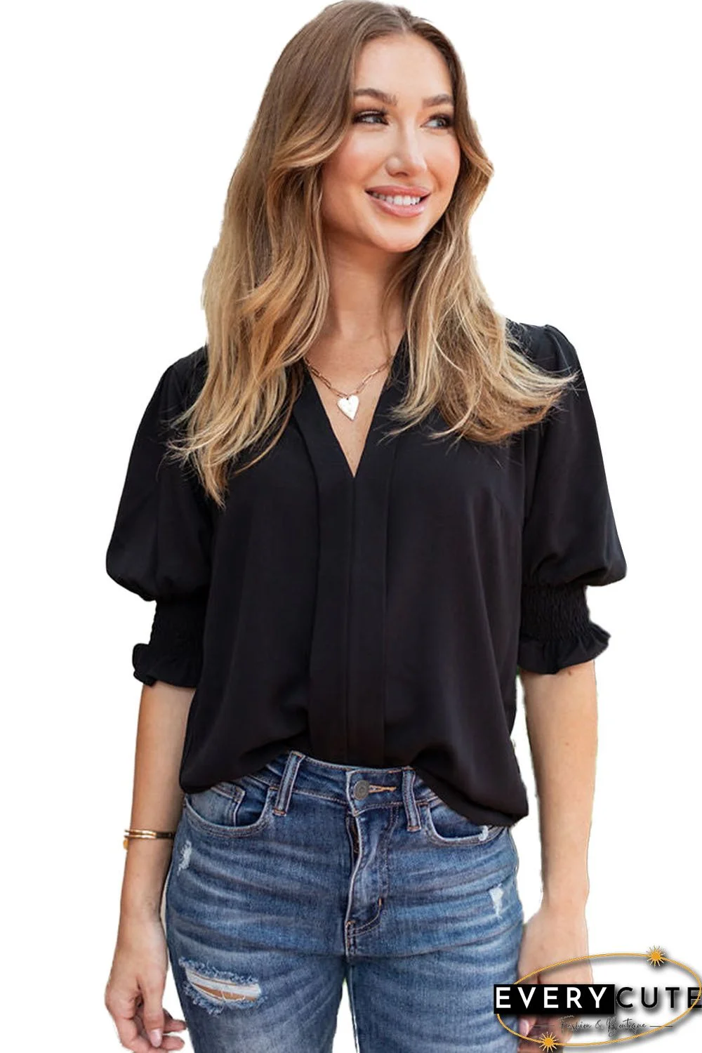 Black Solid Color Half Sleeve V Neck Blouse