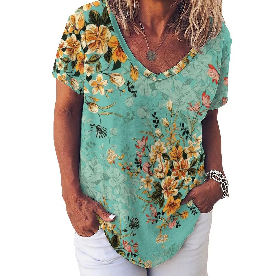 V-neck Short Sleeve Casual T-shirt for  Women Printed with Pattern Floral, Green, Yellow