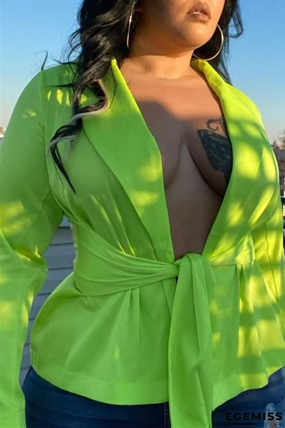 Fluorescent Green Fashion Casual Solid Cardigan Turndown Collar Plus Size Overcoat | EGEMISS