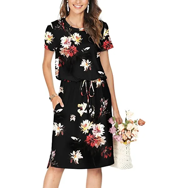Simier Fariry Womens Hide Belly Work Casual Midi Dresses with Pockets A-cute-solid Black Large