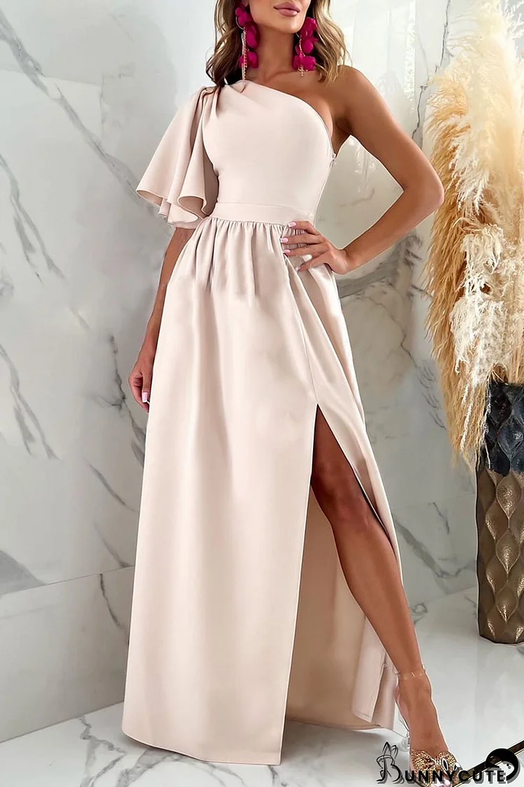 Khaki Sexy Elegant Solid Patchwork Slit Oblique Collar Straight Dresses