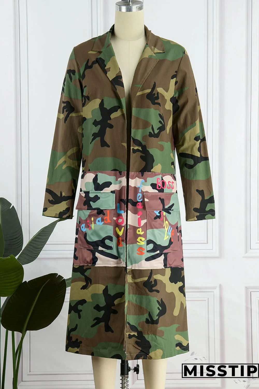 Camouflage Casual Street Print Camouflage Print Patchwork Turn-back Collar Outerwear