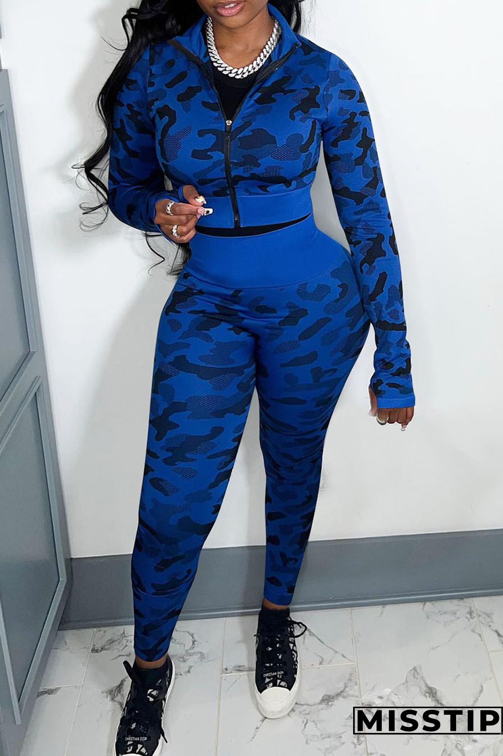 Blue Casual Camouflage Print Patchwork Zipper Long Sleeve Two Pieces