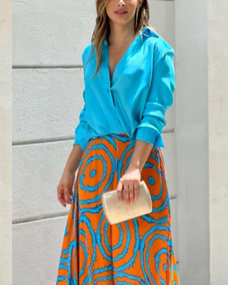 Complementary Color Printed Shirt Long Skirt Suit