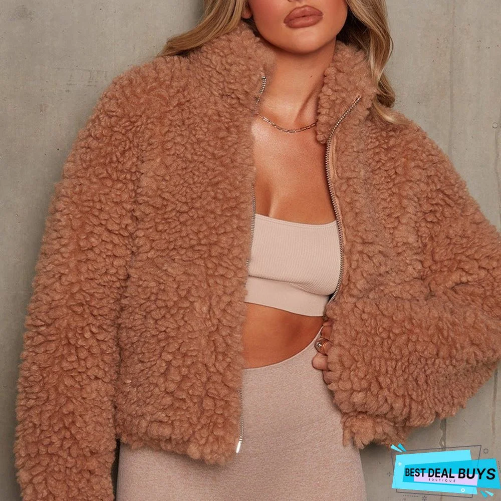 Plush Cardigan Short Jacket Lambswool Coat Woman