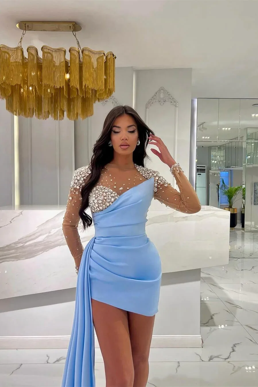 chinese dress ladies Royal Blue Puff Long Sleeves Tight Homecoming Dress with Rhinestones –  FancyVestido
