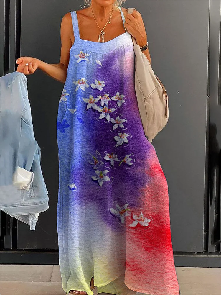 Women's Colorful Petals Spliced Large Size Loose Strap Printed Dress Long Skirt socialshop