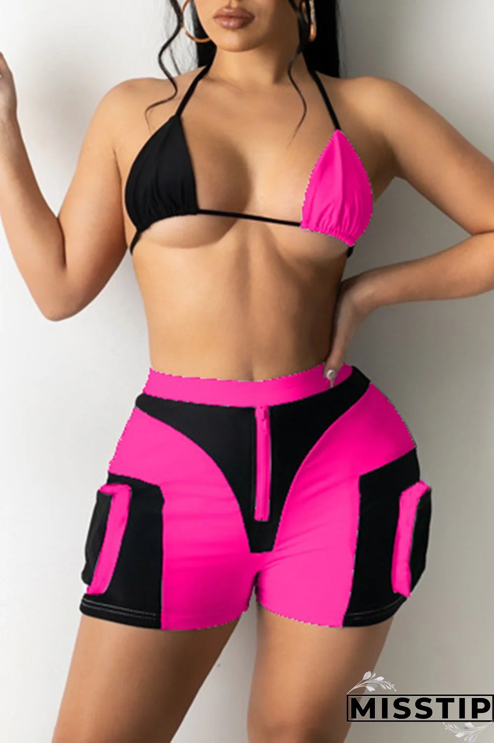 Rose Red Sexy Patchwork Backless Halter Sleeveless Two Pieces