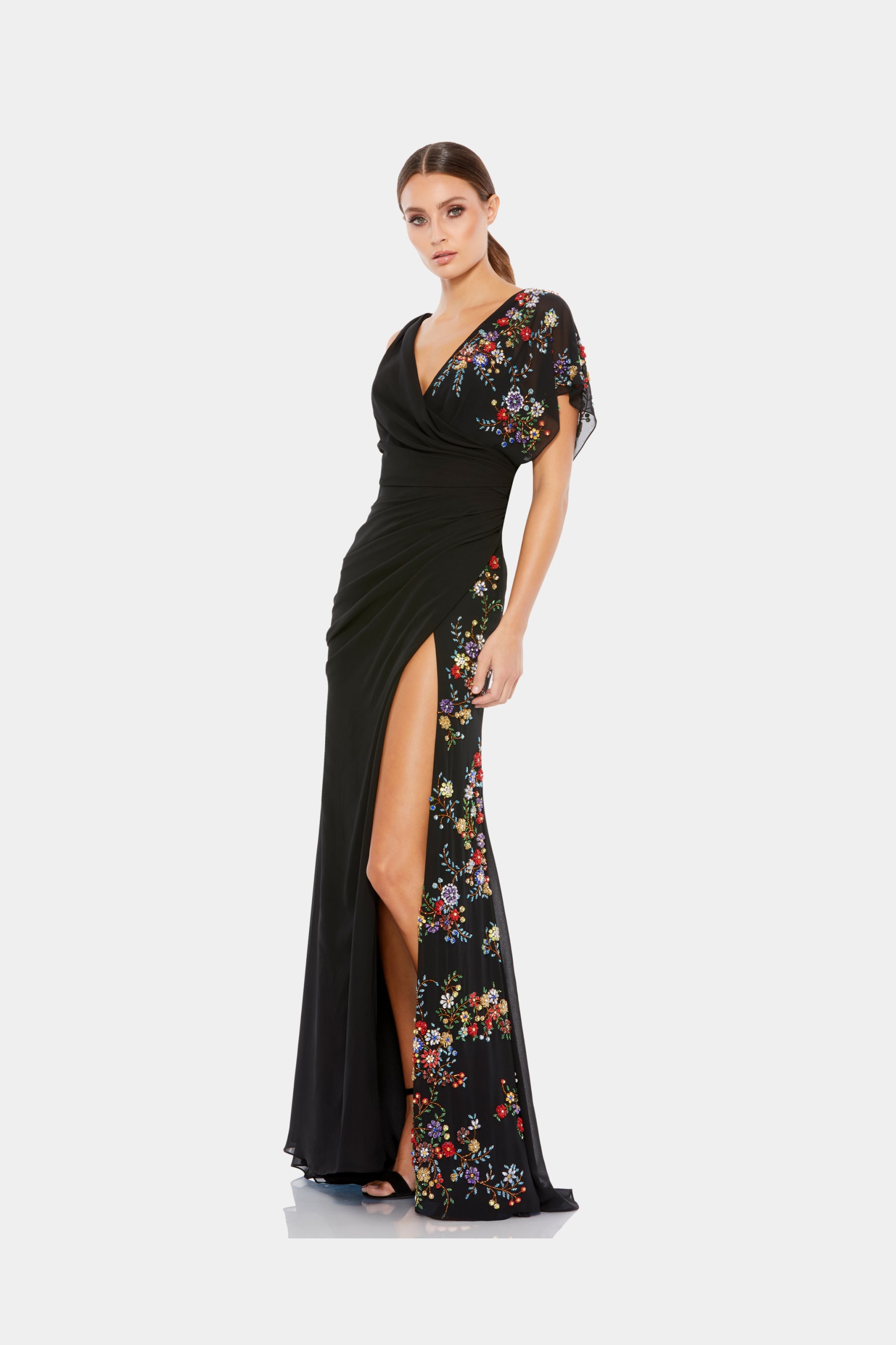 Faux Wrap Multi Colored Beaded Floral Gown