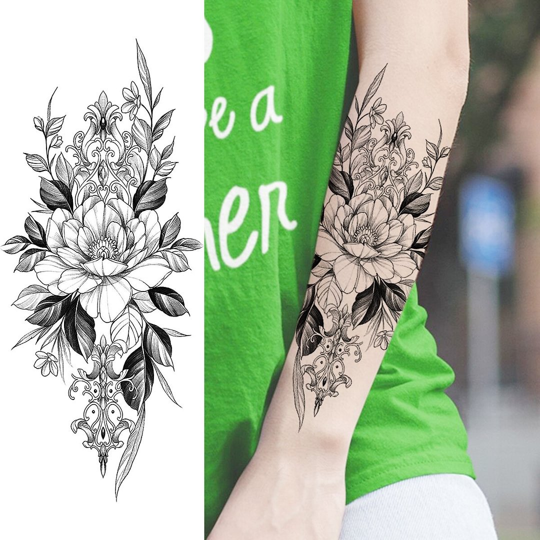 Gingf Black Rose Flower Butterfly Temporary Tattoos For Women Adult Realistic Peony Fake Tattoo Body Art Painting Half Sleeve Tatoo