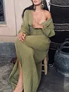 Fashion Split-Front Solid Color Buttoned Pleated Flared Sleeves V-Neck Maxi Dress