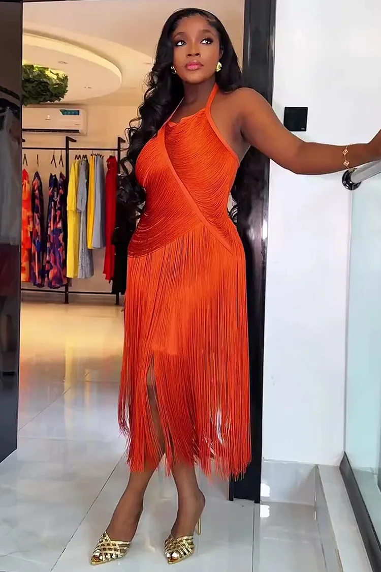 Halter Backless Overlap Fringe Party Solid Maxi Dresses-Orange [Pre Order]