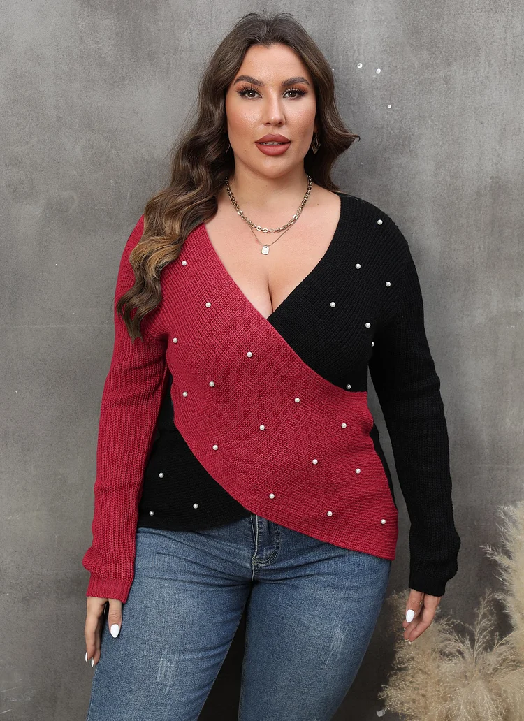 Autumn & Winter Eye-Catcher! EU/US Plus Size Women's Red Deep V Pearl Beaded Color-Block Sweater | Sexy & Skin-Whitening👚