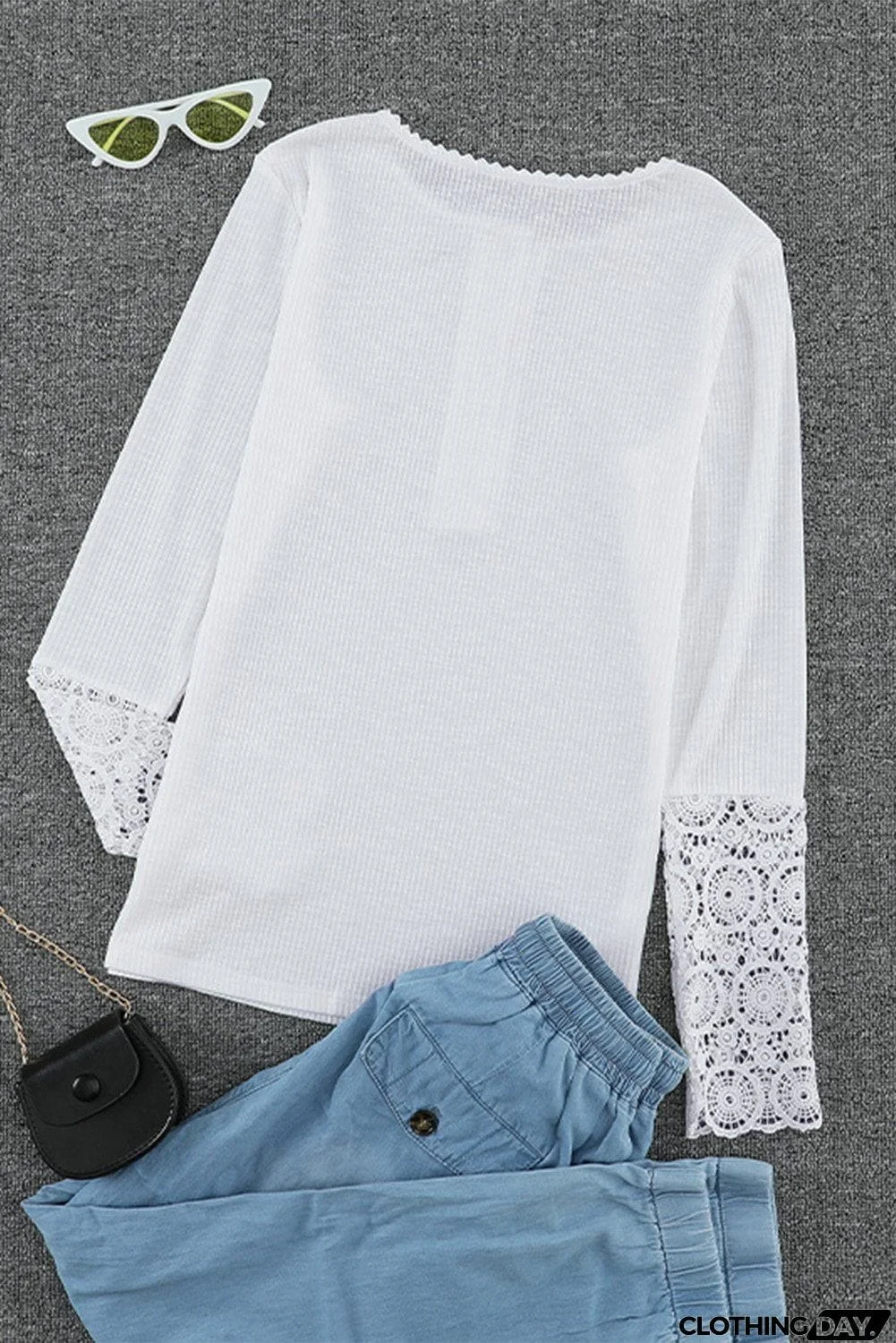 Chic White Crochet Lace Hem Sleeve Button Top