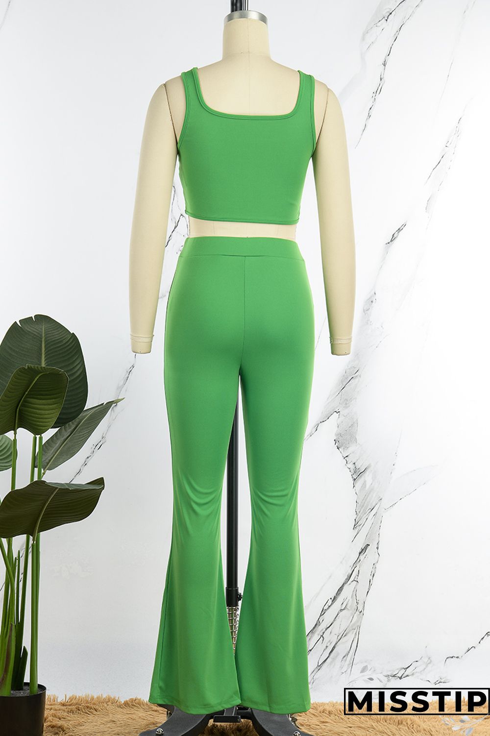 Green Casual Solid Vests Pants U Neck Sleeveless Two Pieces