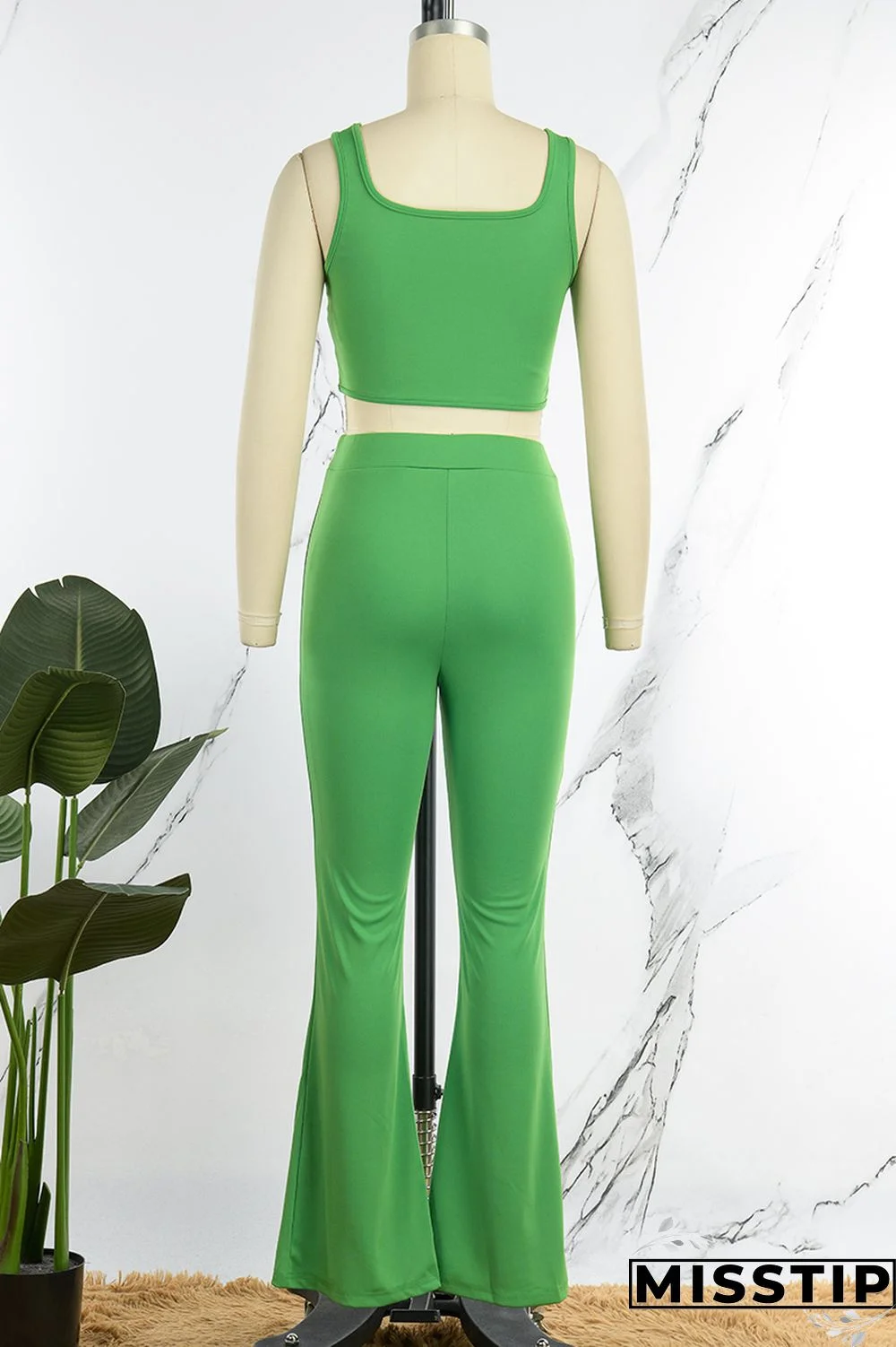 Green Casual Solid Vests Pants U Neck Sleeveless Two Pieces