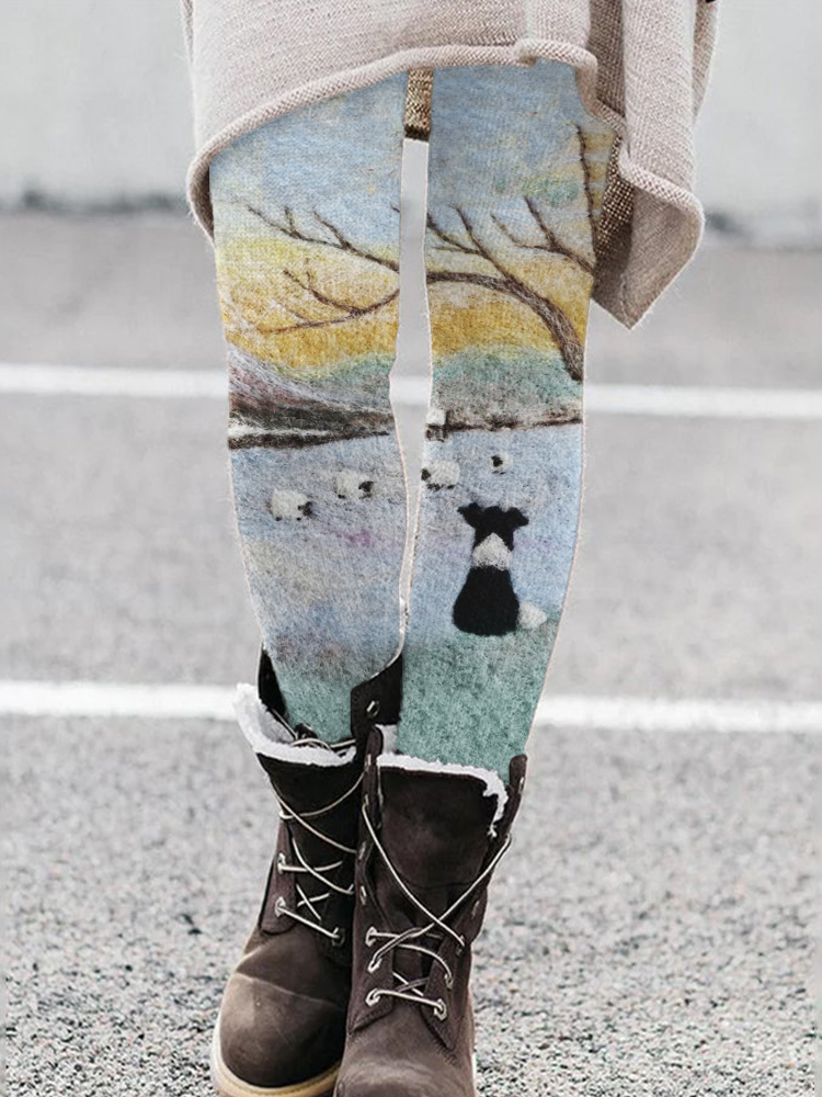 Border Collie & Sheep Winter Landscape Felt Art Cozy Leggings wearshes