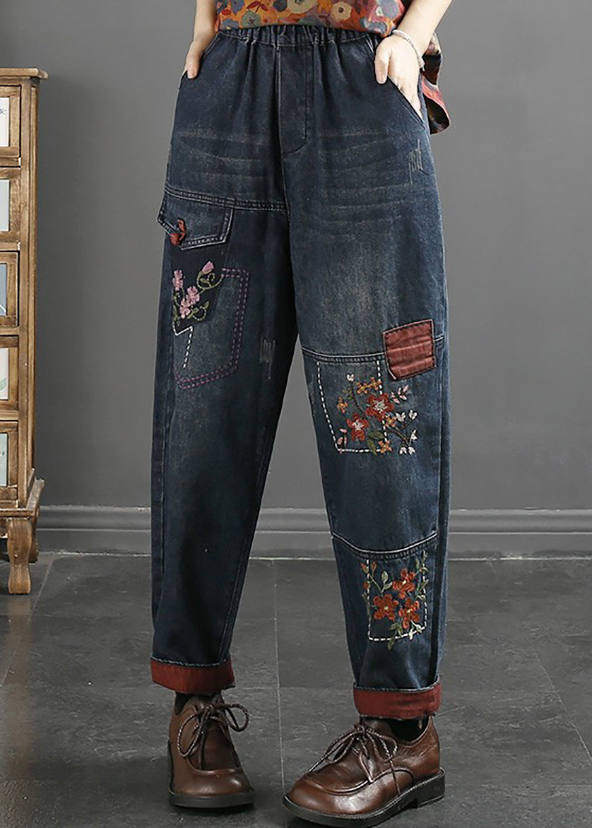 VCSHOES Loose Blue Embroidered Pockets Elastic Waist Jeans Fall