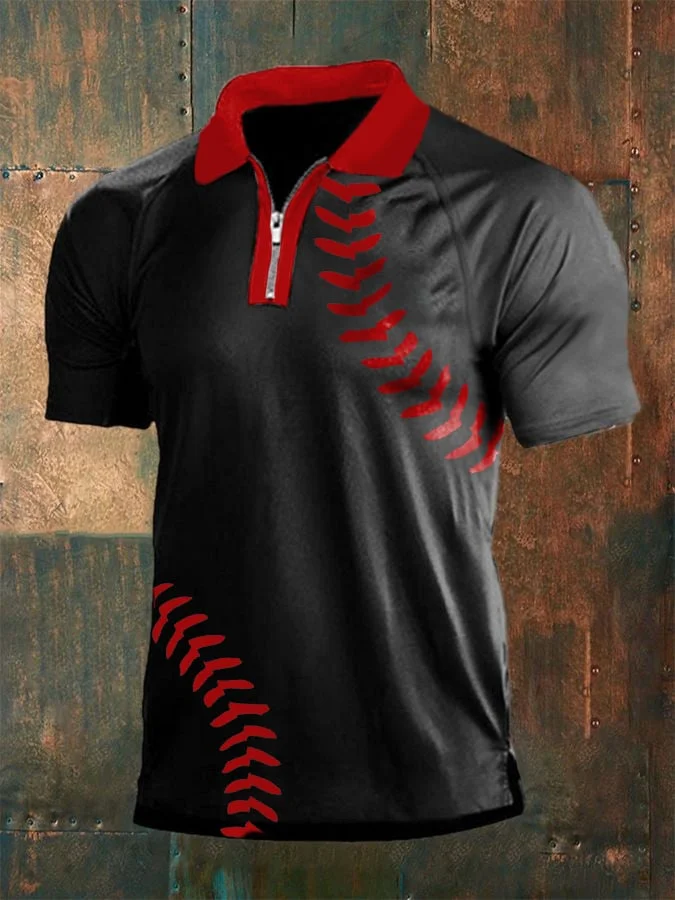 Baseball Men's Print Short Sleeve Raglan Zip Polo socialshop