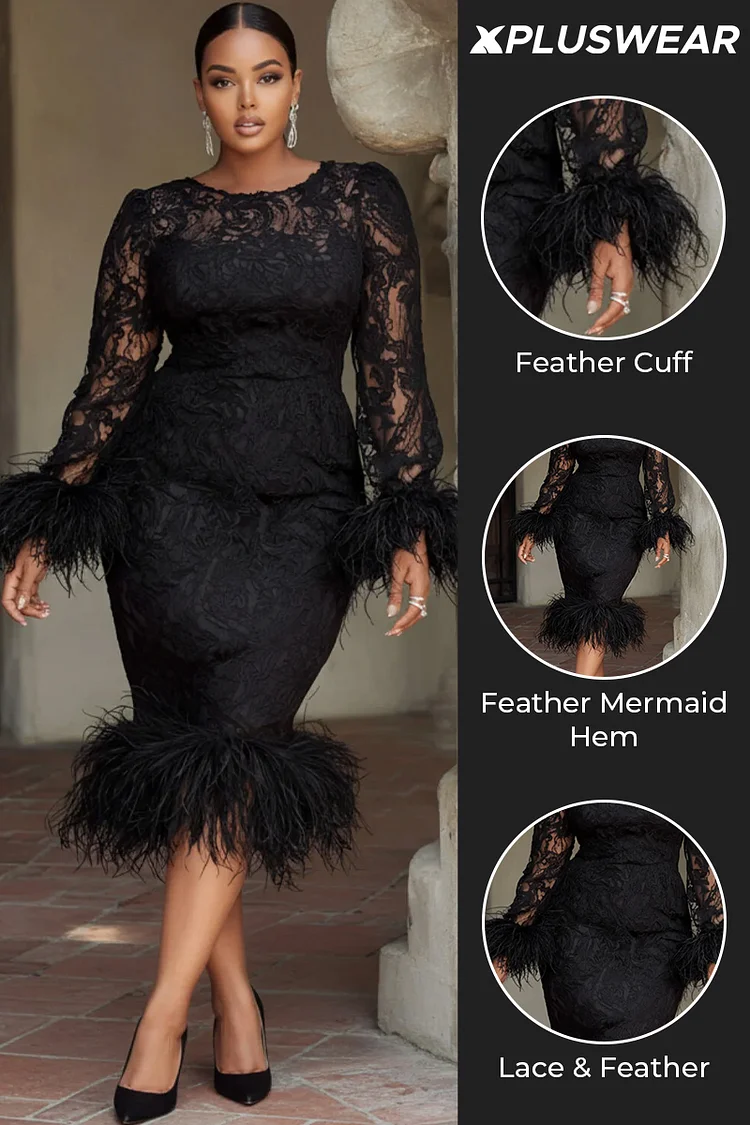 Xpluswear Design Plus Size Cocktail Party Black Round Neck Long Sleeve Feather Elegant Bodycon Lace Midi Dresses [Pre-Order]