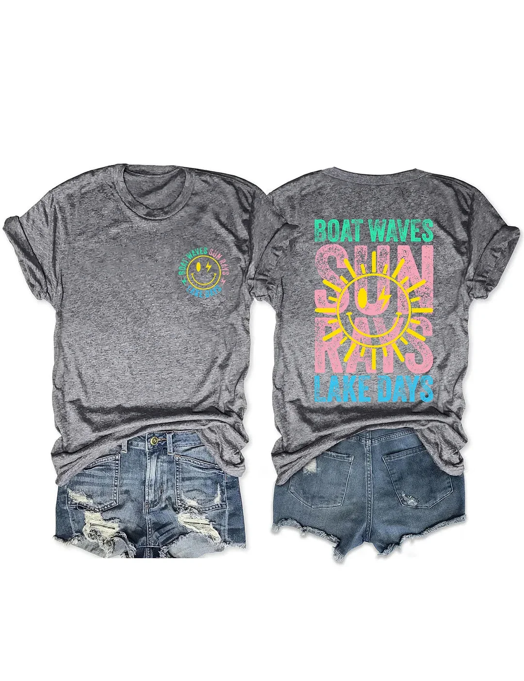 Boat Waves Sun Rays Lake Days Printed Round Neck Short Sleeve T-Shirt