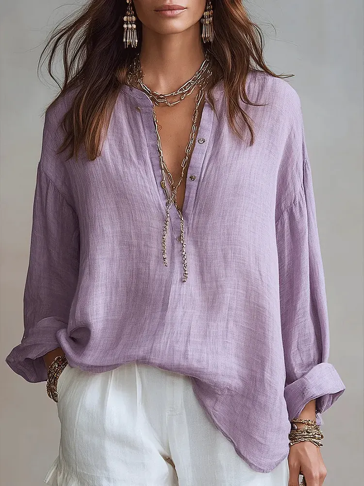Women's Minimalist Style Cotton And Linen Shirt