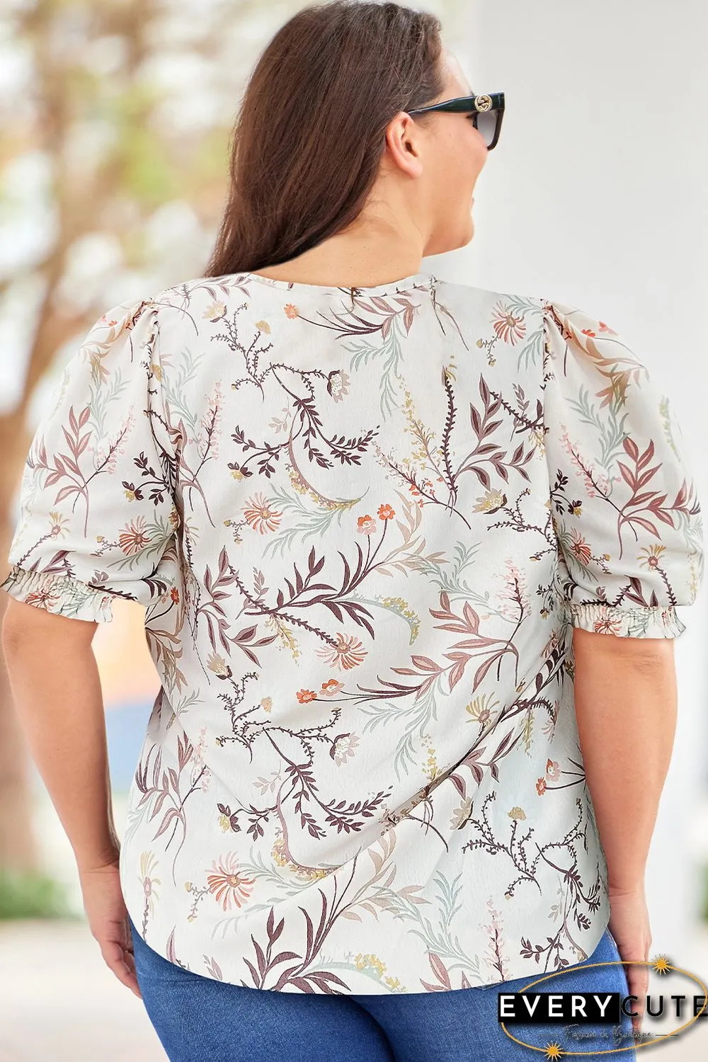 White Plus Size Botanical Print Puff Sleeve Blouse